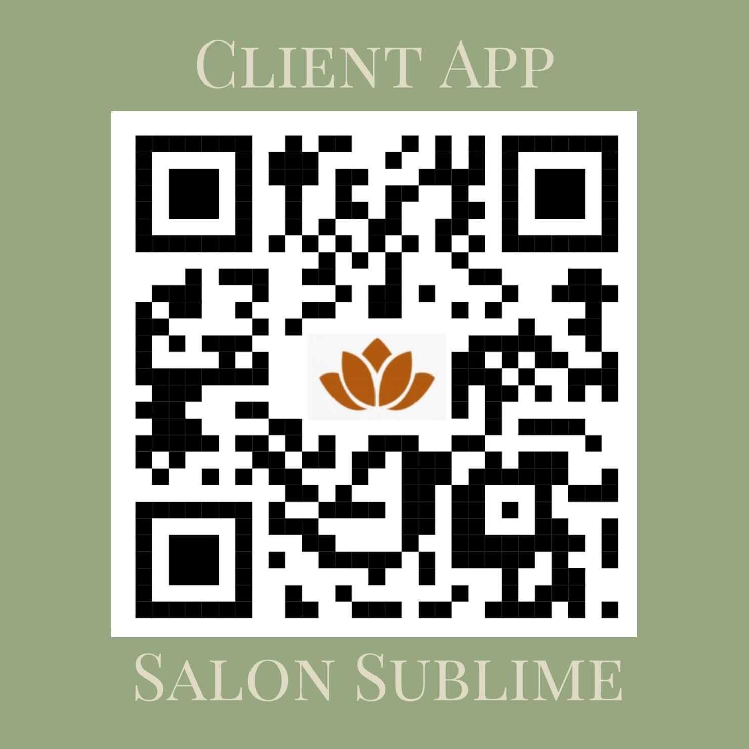 QR code for the Salon Sublime client app with a brown lotus logo in the center.