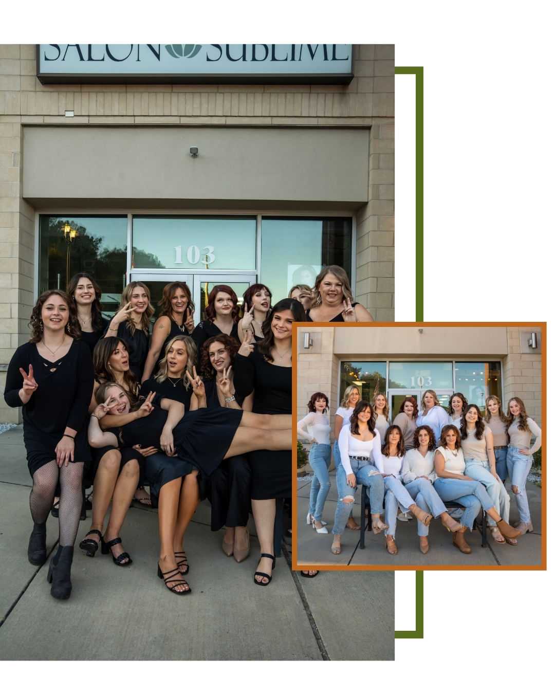 A group of women posing happily at the entrance of Salon Sublime, both in black dresses and casual wear.